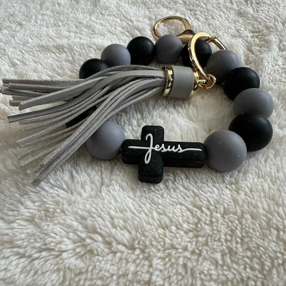 Wristlet Keychain Jesus Cross Tassel Black & Gray Beaded Keychain Bracelet NWT